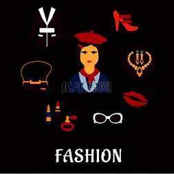 耳环的女人图片_时尚平面图标与优雅的女人在红色