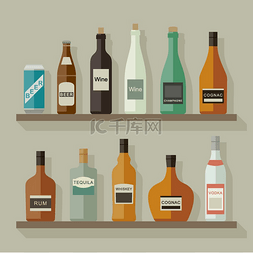 扁平风格图标集图片_货架上的酒精饮料图标呈扁平风格