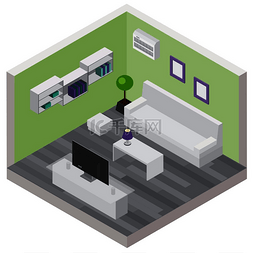 客厅等距组合与舒适的家具和现代