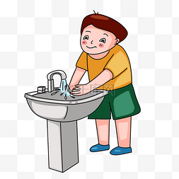 插画卡通男孩图片_传染媒介小男孩洗他的手用从塔维