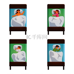 床上睡觉的女孩图片_四个孤立的青少年和儿童睡在单人