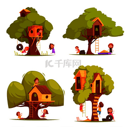 木插图图片_在游戏中有孩子的树屋，树叶之间