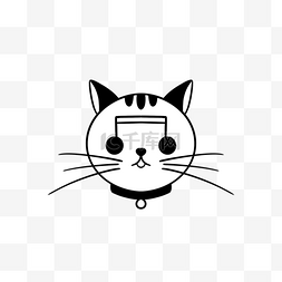 黑白插画猫咪图片_乐符墨镜小猫黑白色头像