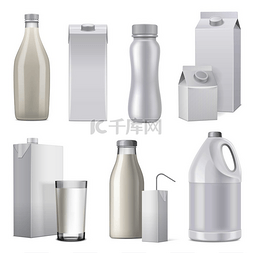 牛奶包装设计图片_从玻璃塑料和纸张矢量插图中分离