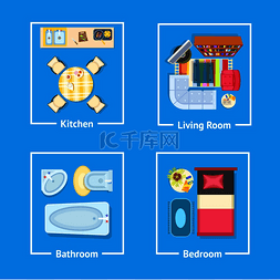 床图标图片_厨房和客厅、浴室和卧室的桌子和