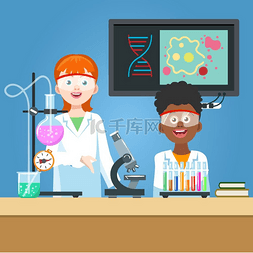 学校教育折页图片_化学实验室的科学家和学生。