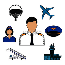 飞机机场图片_飞行员和航空手绘彩色图标，机长