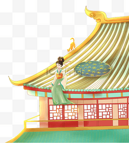 中国风国潮风屋顶上的女孩猫咪