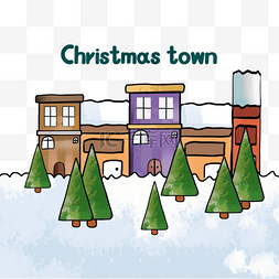 圣诞树装饰矢量图片_水彩风格圣诞小镇厚厚雪地