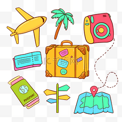 旅行必备用品图片_描边旅行插画贴纸
