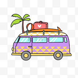 平面沙滩素材图片_紫色巴士冲浪海滩度假