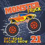 带有巨大轮胎的怪物重型卡车极限运动比赛海报。