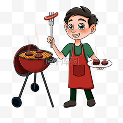 烤肉卡通卡通图片_小男孩拿着烤肠的烧烤剪贴画