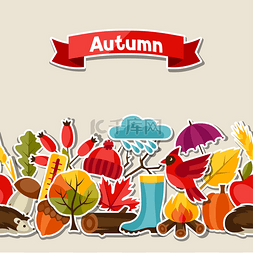 树蘑菇图片_Seamless pattern with autumn sticker icons an