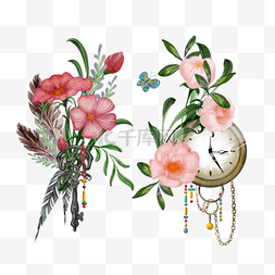 花卉珠宝图片_时钟钥匙水彩复古装饰
