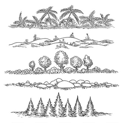 手绘景观树图片_大自然涂鸦风景树木和石头山丘和