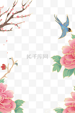 红牡丹图图片_中国风国潮描金古风边框梅花树枝