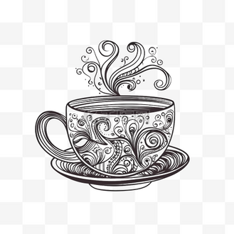 手绘咖啡杯黑白图片素材_扁平风手绘潇洒线条咖啡杯