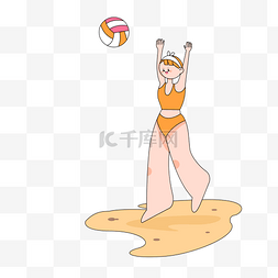 夏日线描沙滩排球女孩