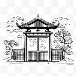 黑白国潮寺院大门线稿