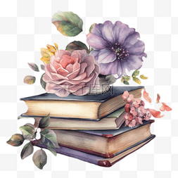 一堆书本图片_水彩风放在书的花