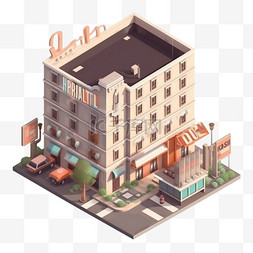 房屋绘画png图片_3D立体酒店模型图标