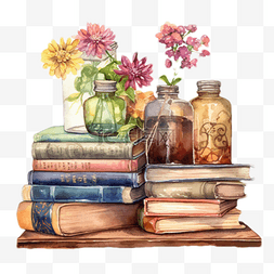 书架上的书本和花
