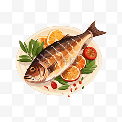 美食png图片_卡通手绘美味烤鱼美食