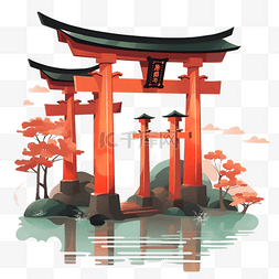 红色日式图片_卡通日式和风鸟居建筑