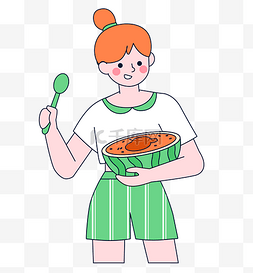 扁平插画女孩图片_夏季描边吃西瓜的女孩