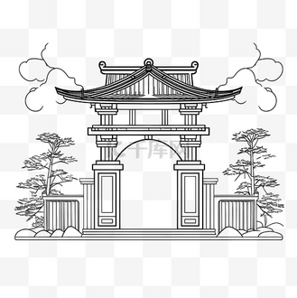 黑白国潮天庭大门线稿