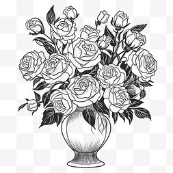 玫瑰插画线稿图片_插画风格黑白玫瑰花瓶
