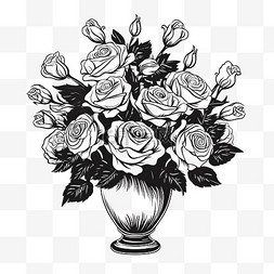 插画风格黑白玫瑰花花瓶