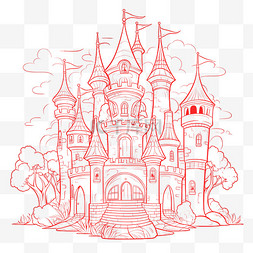 插画风格红色精美城堡线稿