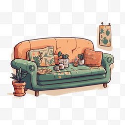 沙发客厅插画图片_日系复古贴纸可爱沙发家具手绘插