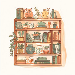 日系手绘插画图片_书架书柜家具可爱手账插图生活插