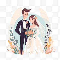 新娘新郎手绘图片_卡通手绘结婚新郎新娘