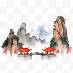 山间清溪图片_中国风水墨山间楼宇