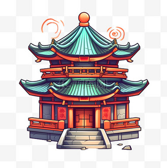 国潮扁平古砖瓦建筑免扣