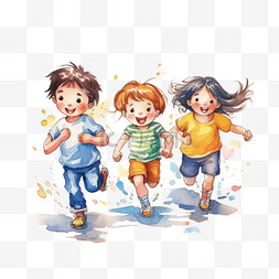 六一素材可爱图片_奔跑水彩风格儿童人物儿童节欢度