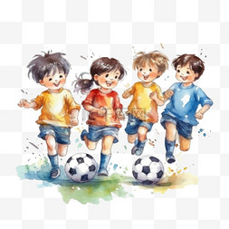 水彩风格儿童图片_踢足球水彩风格儿童人物儿童节欢