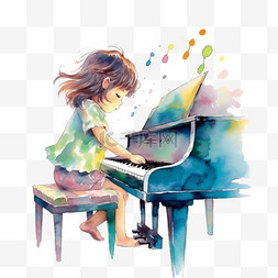 噶钢琴补习班图片_弹钢琴水彩风格儿童人物儿童节欢