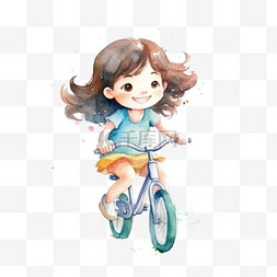 人物儿童节图片_水彩风格骑单车儿童人物儿童节欢