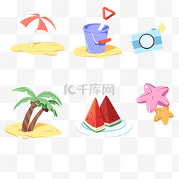 旅游沙滩卡通图片_夏天遮阳伞沙滩相机椰树标签贴纸