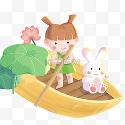 木船diy图片_夏季木船兔子女孩划船