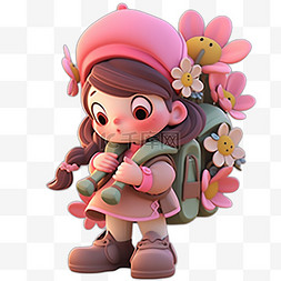 3D卡通粉色可爱女孩背着书包