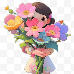 3D卡通粉色可爱女孩形象捧着花朵