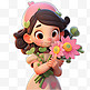 捧着花朵3D卡通粉色可爱女孩形象