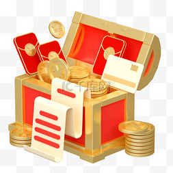 红白条纹礼盒图片_3D立体C4D电商红包礼盒金币宝箱
