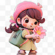 多场景3D卡通粉色可爱女孩形象元素拿着花